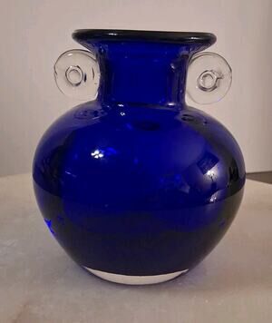 Tarnowiec Blown Art Glass Vase Double Handled Cobalt w/ Clear Handles 5”